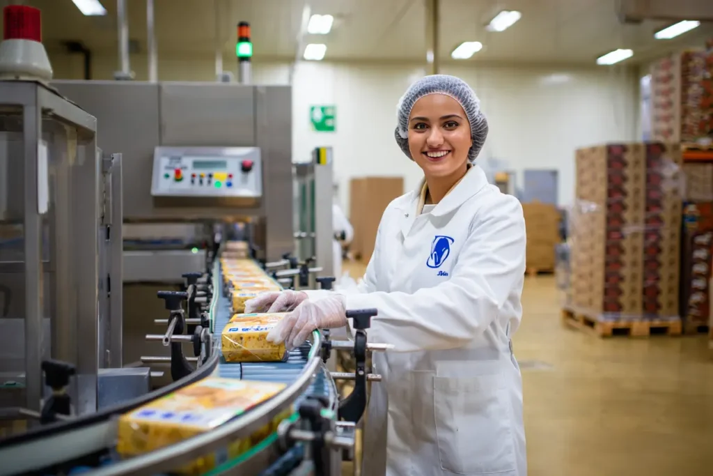 Opérateurs travaillant sur une ligne de production agroalimentaire