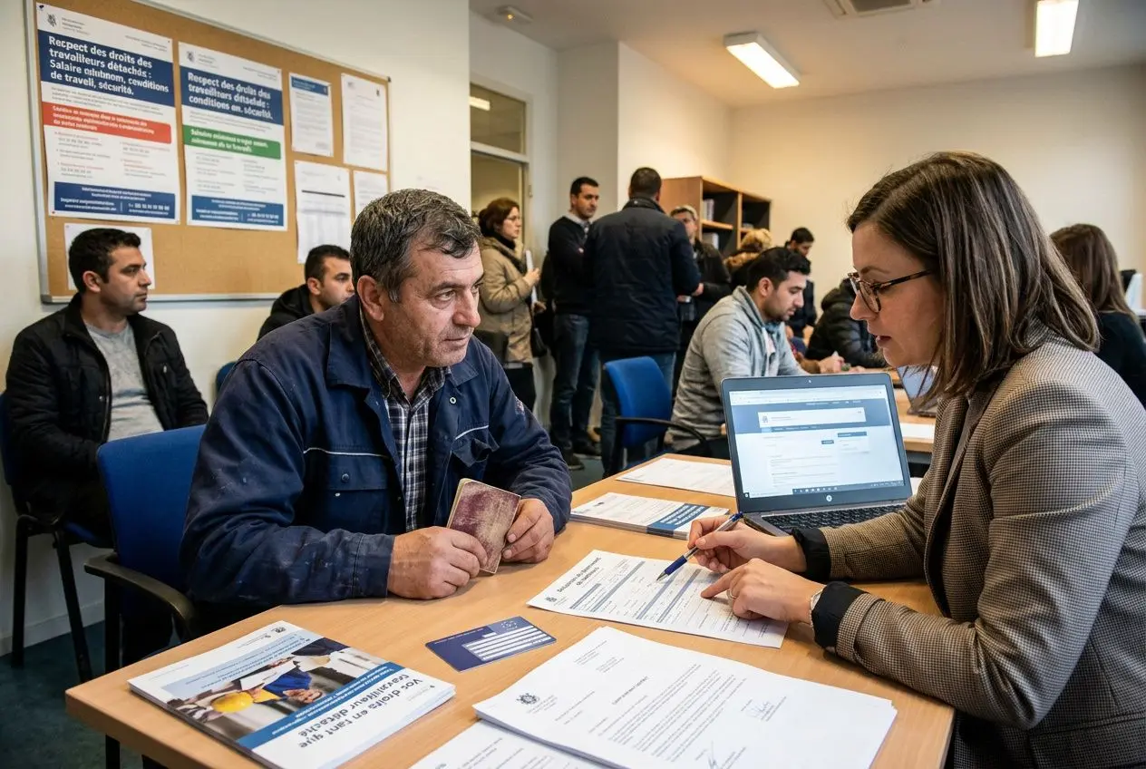 Accompagnement administratif sur les formalités légales travailleurs détachés: une femme conseille un homme assis à une table, remplissant des documents, avec ordinateur et brochures.