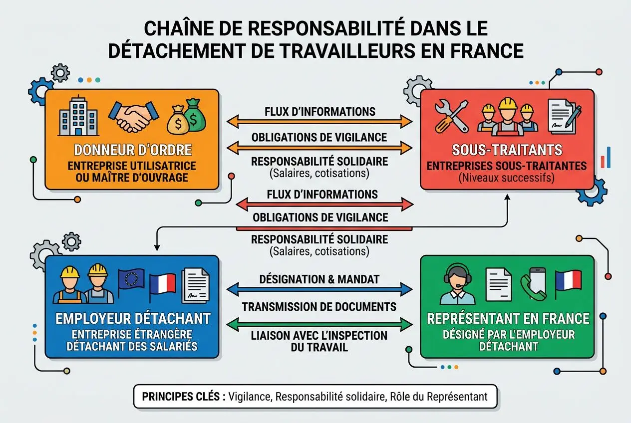 Chaîne de responsabilité dans le détachement: flux d’informations entre donneur d’ordre, employeur détachant, sous-traitants et représentant en France, avec obligations de vigilance et responsabilité solidaire.