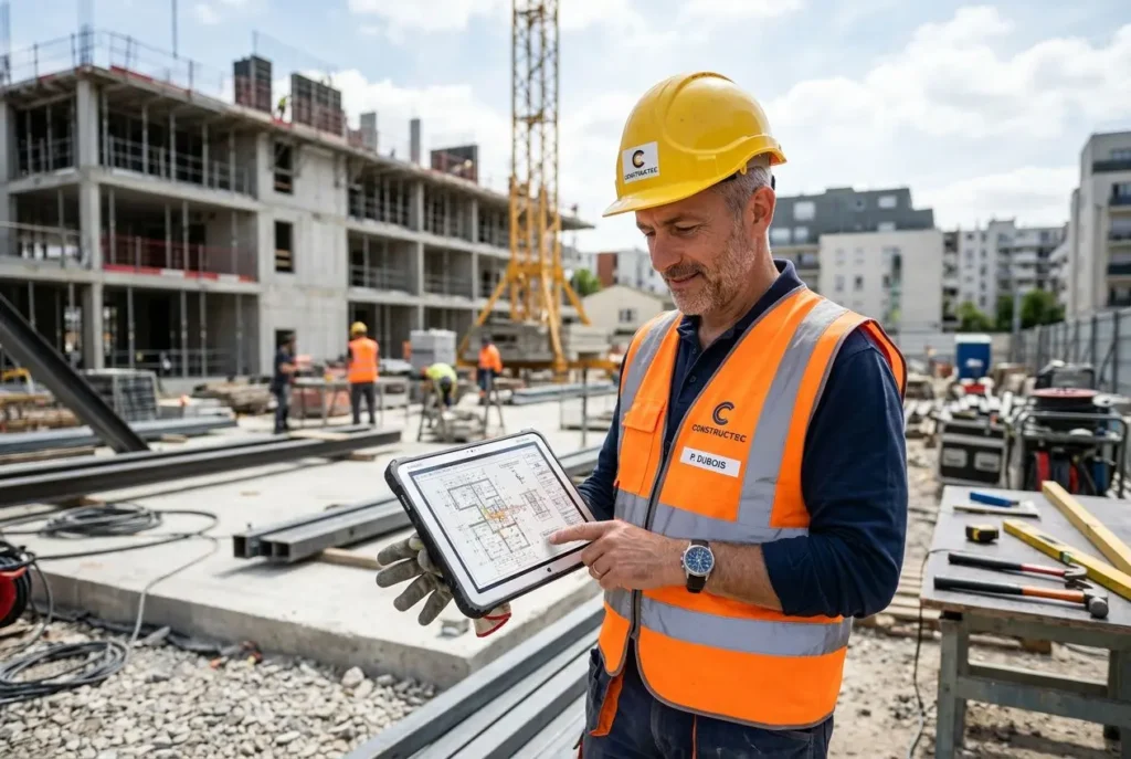 Chef de chantier utilisant une tablette sur un chantier de construction, portant casque jaune et gilet orange, illustration de l’intégration salariés détachés sur le terrain.