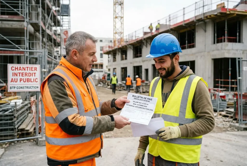 Deux ouvriers sur un chantier lisent un document de paie; l’un porte gilet orange et l’autre gilet jaune avec casque bleu, entourés de structures en construction.