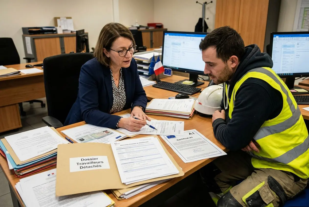 Deux personnes autour d’un bureau: une femme en veste bleu rédige des documents, un homme en gilet jaune-lit sécurité et casque posé sur la table, entourés de dossiers et de papiers relatifs aux formalités légales travailleurs détachés.