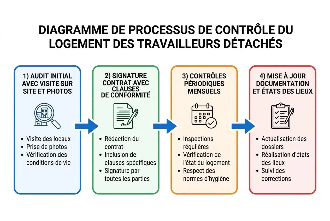 Diagramme de processus de contrôle du logement des travailleurs détachés, avec quatre colonnes décrivant audit initial, signature du contrat, contrôles périodiques et mise à jour des lieux. Fonctionnement et obligations. destiné au thème logement travailleurs détachés france.