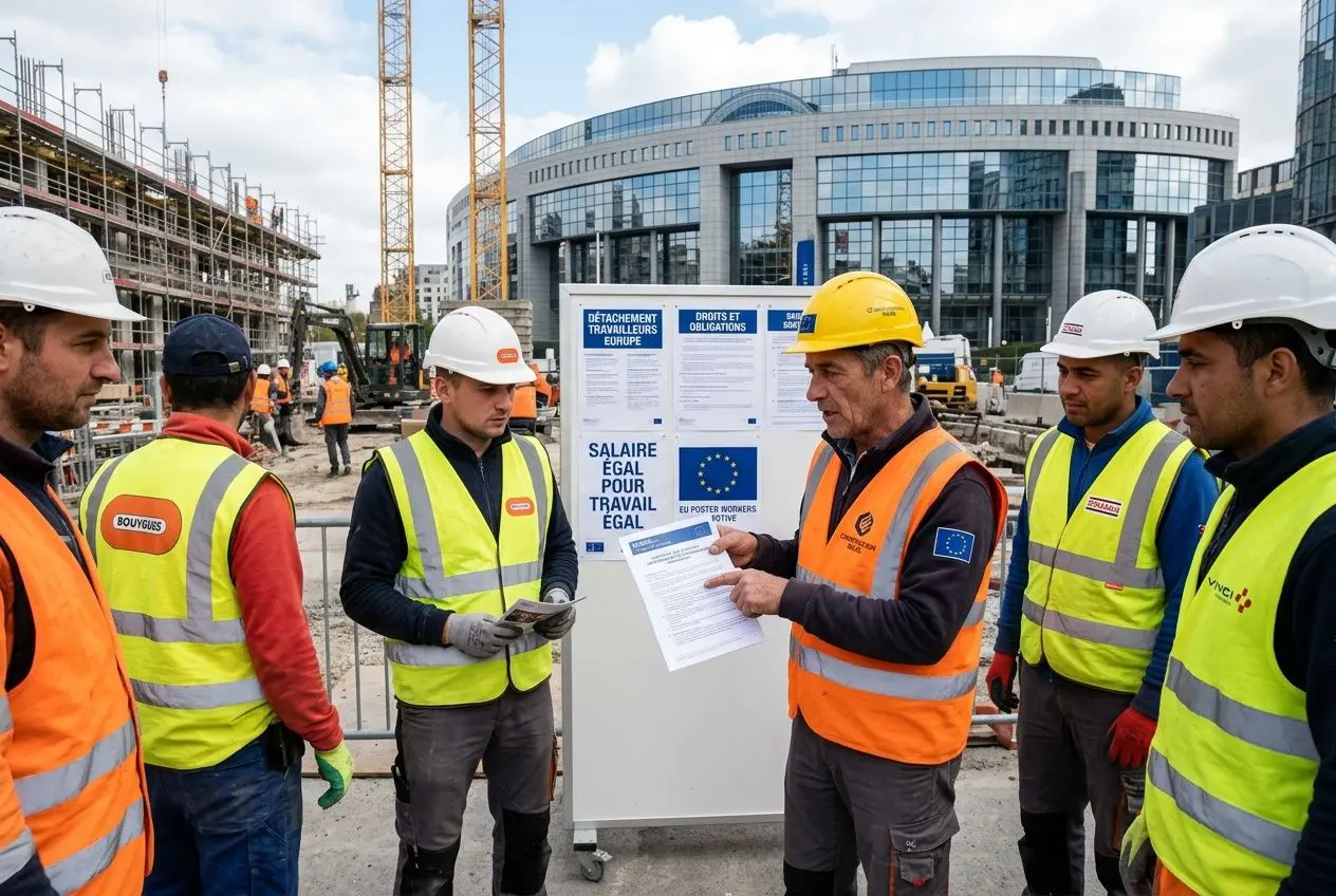Groupe d’ouvriers sur un chantier, gilets de sécurité et casques, discutant près d’un panneau d’information sur les droits des travailleurs détachés dans l’Union européenne. directive détachement des travailleurs europe intégrée naturellement dans la description.