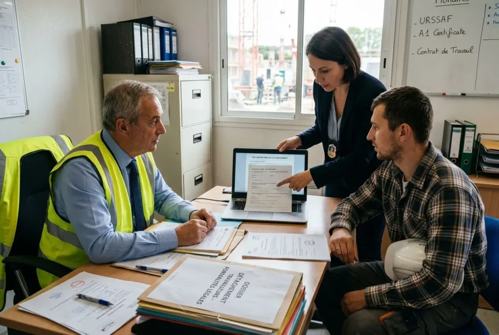 Groupe de trois personnes autour d’un bureau: un homme en gilet jaune examine des documents, une femme montre un écran d’ordinateur, et un homme en chemise à carreaux écoute, dans un contexte de formalités légales travailleurs détachés.