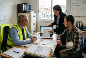 Groupe de trois personnes autour d’un bureau: un homme en gilet jaune examine des documents, une femme montre un écran d’ordinateur, et un homme en chemise à carreaux écoute, dans un contexte de formalités légales travailleurs détachés.
