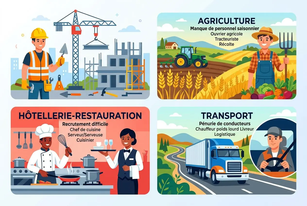 Illustration montrant quatre secteurs en tension: agriculture, construction, hôtellerie-restauration et transport, symbolisant la pénurie de main-d’œuvre en france avec des travailleurs et équipements.