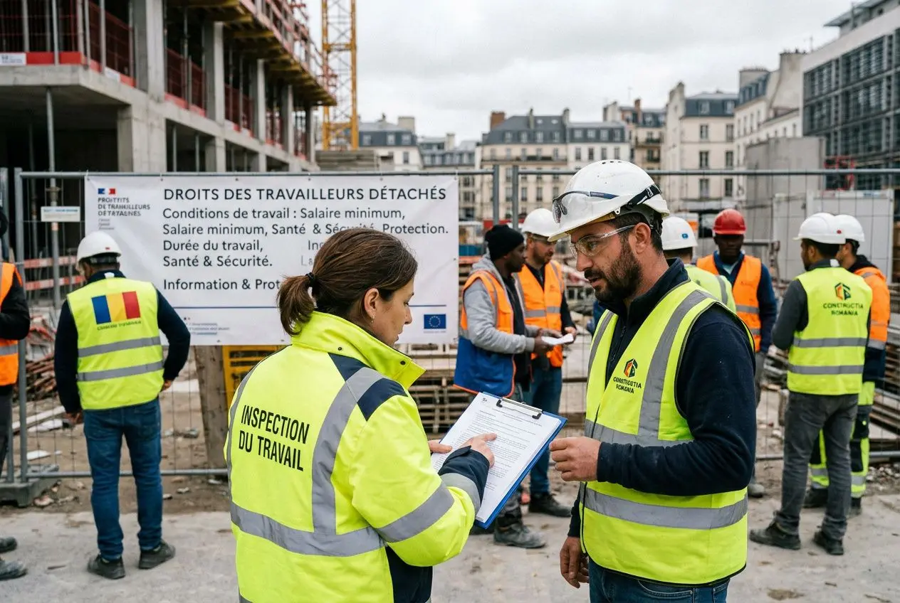Inspecteurs sur un chantier, porteurs biker jaunes, étiquette “Inspection du travail” et fiche de contrôle. Directive détachement des travailleurs europe: travailleurs détachés discutent devant panneau sur droits et conditions.