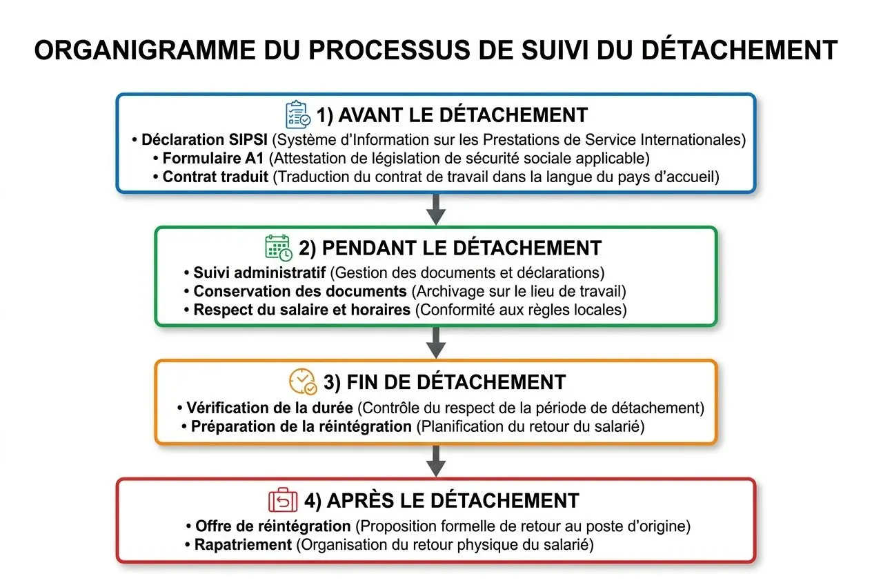 Organisationnel du processus de suivi du détachement: schéma en quatre étapes (avant, pendant, fin et après le détachement) illustrant les démarches et obligations pour l’intégration salariés détachés en France.