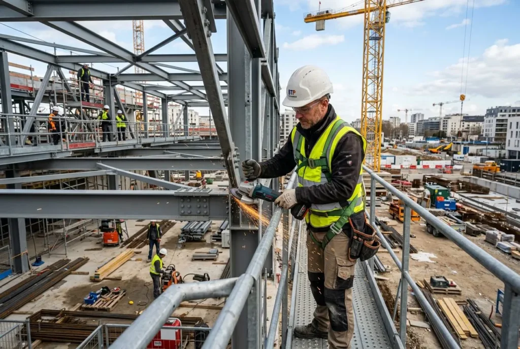 Ouvrier sur un chantier métallique, casque et gilet jaune, travaillant sur une structure en acier avec des machines et gravats autour. pénurie de main-d'œuvre en france est implicitement reflétée par le contexte de travaux.