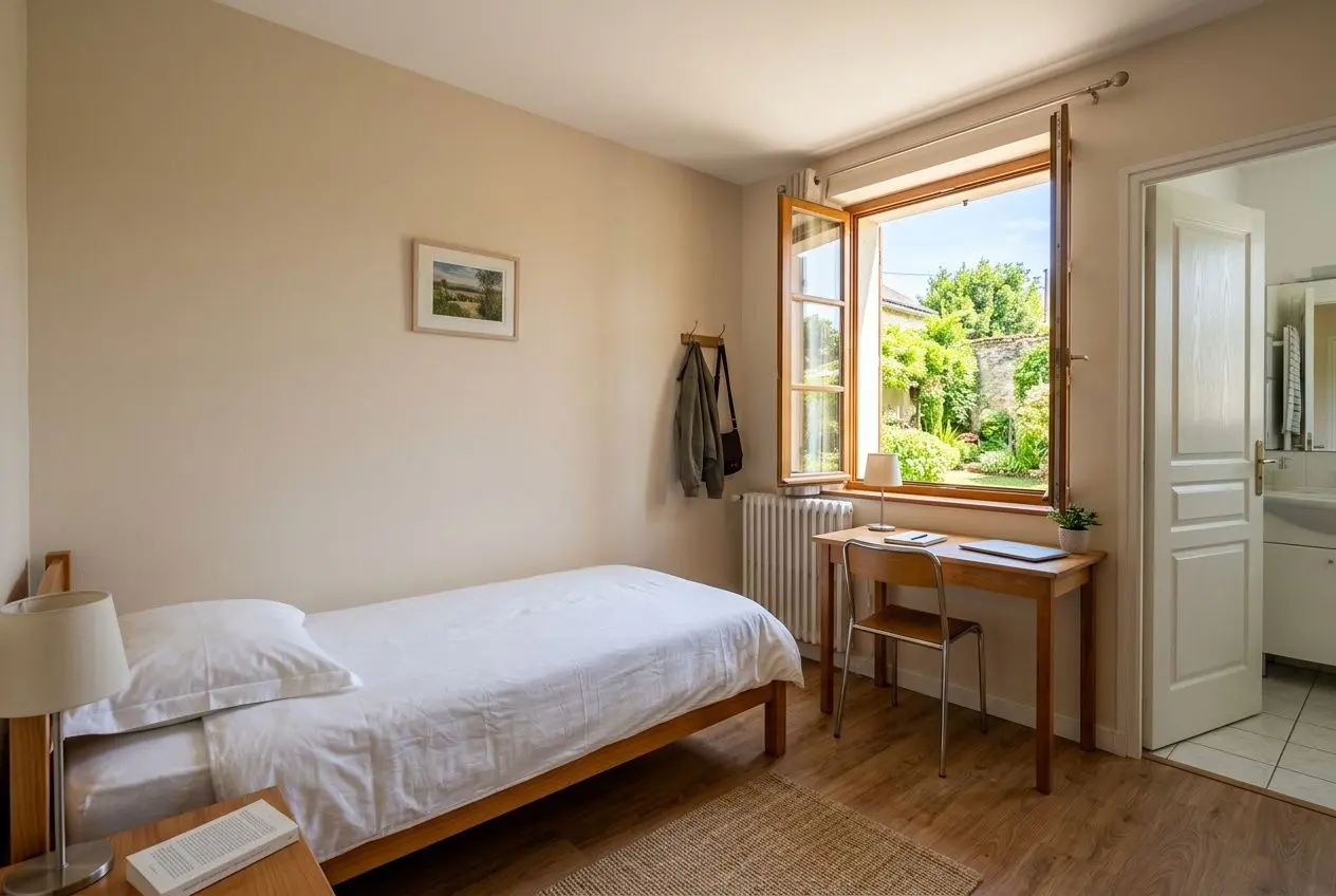 Petite chambre simple avec lit simple, bureau près de la fenêtre et porte donnant sur une salle de bains; décor neutre et lumière naturelle. logement travailleurs détachés france
