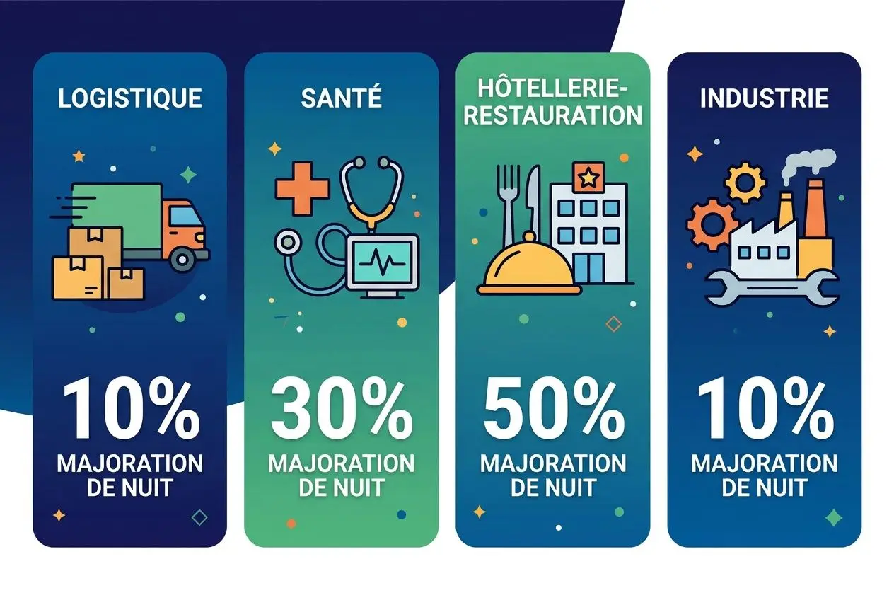 Affiche illustrant les majorations de nuit par secteur: Logistique 10% majoration, Santé 30%, Hôtellerie-restauration 50%, Industrie 10%.