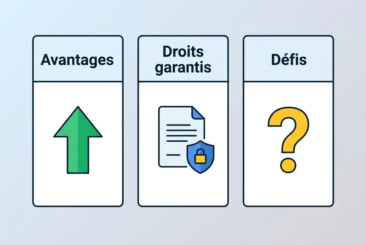 Avantages et inconvénients du détachement : trois panneaux illustrés, Avantages avec flèche verte, Droits garantis par un document et sceau, Défis représentés par un point d’interrogation.