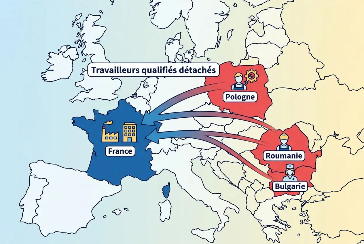 Carte montrant des travailleurs qualifiés détachés entre la France et plusieurs pays européens (Pologne, Roumanie, Bulgarie) pour résoudre la pénurie de main-d'œuvre. Pénurie de main-d'œuvre solution intégrée.