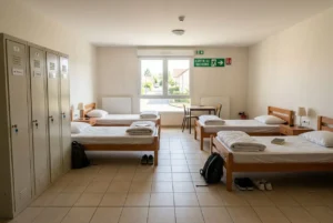 Chambre d’hébergement collectif pour travailleurs détachés avec quatre lits simples, casiers, et meubles minimalistes. Entrée lumineuse, sièges près de la fenêtre et emplacements pour sacs à dos et chaussures.