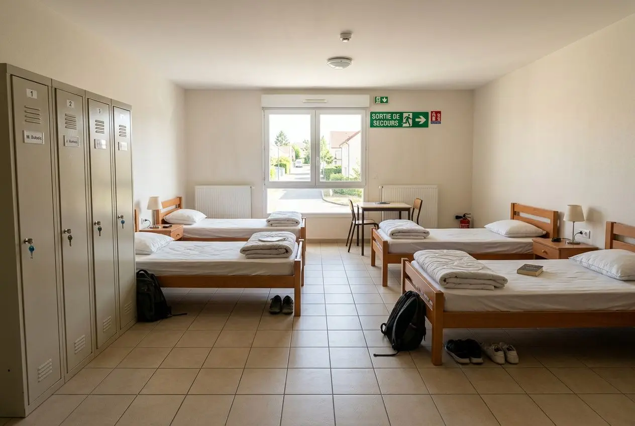 Chambre d’hébergement collectif pour travailleurs détachés avec quatre lits simples, casiers, et meubles minimalistes. Entrée lumineuse, sièges près de la fenêtre et emplacements pour sacs à dos et chaussures.