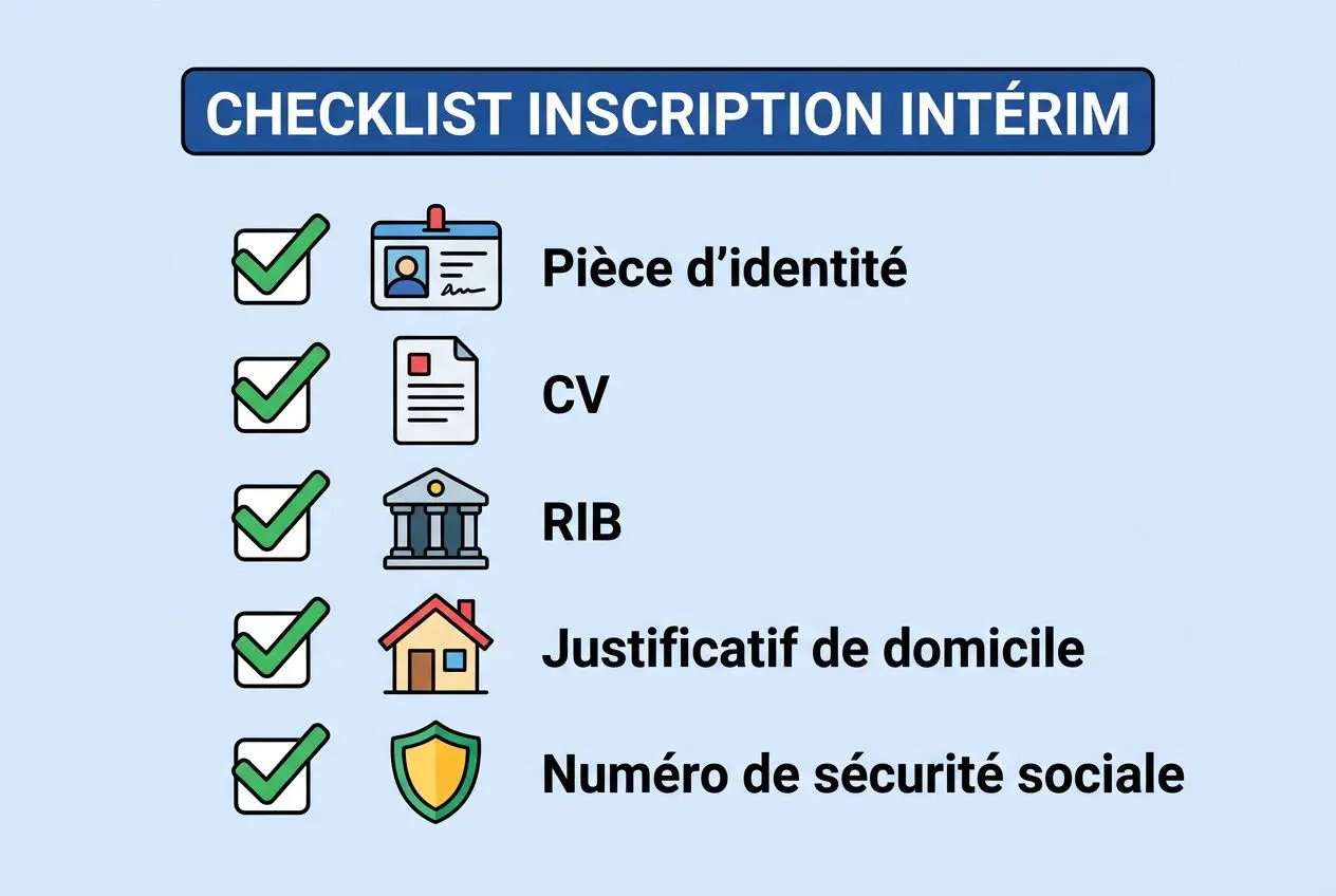 Checklist inscription intérim: pièce d’identité, CV, RIB, justificatif de domicile et numéro de sécurité sociale. inscriptio n boite interim intégrée naturellement.
