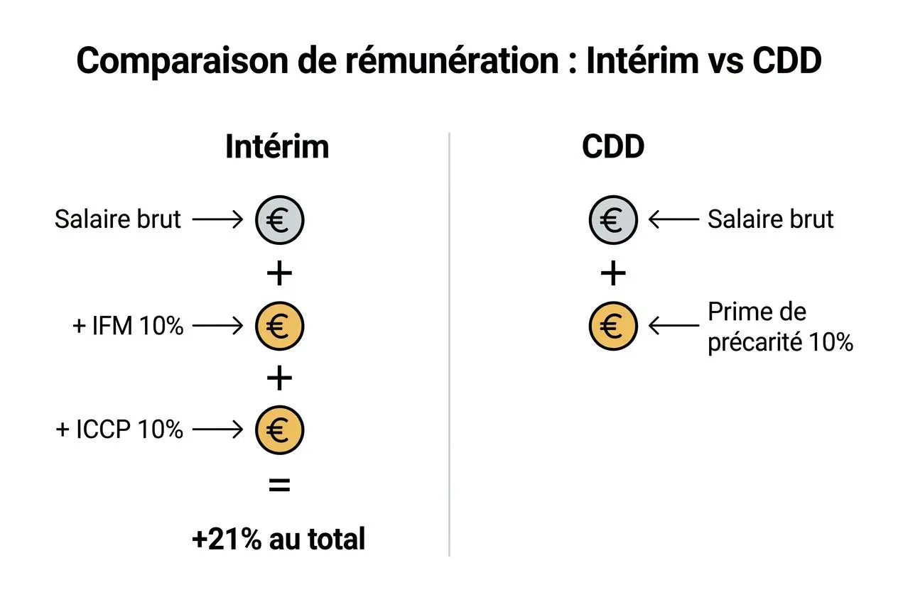 Comparaison de rémunération: Intérim vs CDD; salaires et primes (IFM 10%, ICCP 10%) menant à +21% au total. Différence entre CDD et intérim.