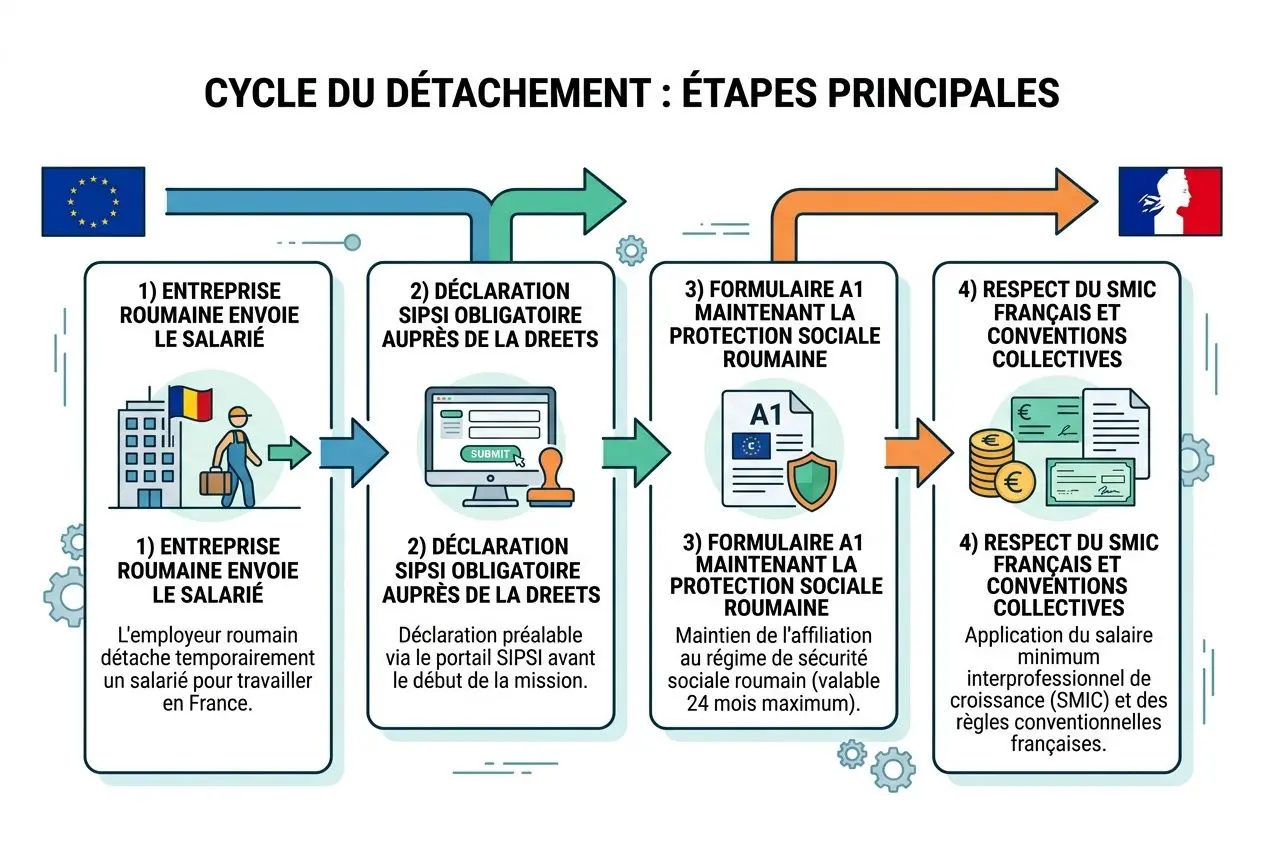 Cycle du détachement : étapes associées à l’embauche d’un salarié roumain en France et conformité européenne.