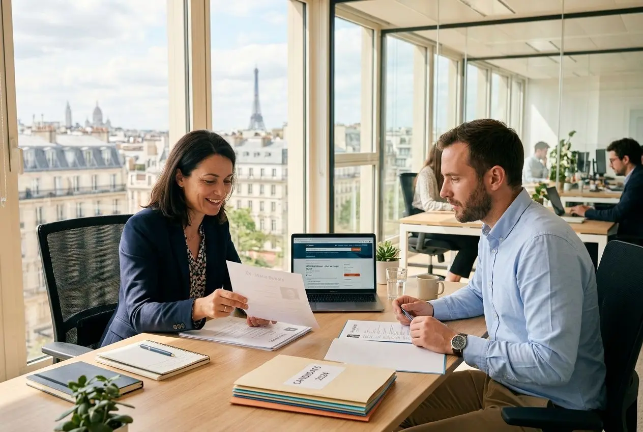 Deux professionnels en entretien dans un bureau lumineux avec vue sur Paris, échangeant des documents et un ordinateur affichant une candidature. Alternance travail et discussion. Integrate keyword naturally: "comment recruter en 2026" appears as context, we'll include naturally in alt text: "entrevue sur comment recruter en 2026" But must describe visible image; avoid fabricating. We'll craft: "Deux professionnels en réunion dans un bureau parisien, discutant de documents et d'un ordinateur affichant une candidature, sur le thème comment recruter en 2026." Ensure length 50-125 chars. Let's count: "Deux professionnels en réunion dans un bureau parisien, discutant de documents et d'un ordinateur affichant une candidature, sur le thème comment recruter en 2026." That's long maybe ~190. Need shorter. Let's craft: "Deux professionnels en réunion dans un bureau parisien, discutant de documents et d’un ordinateur, évoquant comment recruter en 2026." Good. Deux professionnels en réunion dans un bureau parisien, discutant de documents et d’un ordinateur, évoquant comment recruter en 2026.
