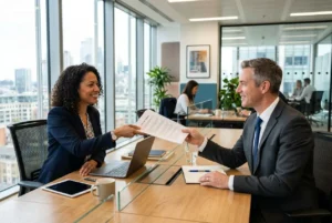 Deux professionnels se serrent la main et échangent un document dans un bureau lumineux, signe d’un accord ou d’un contrat.