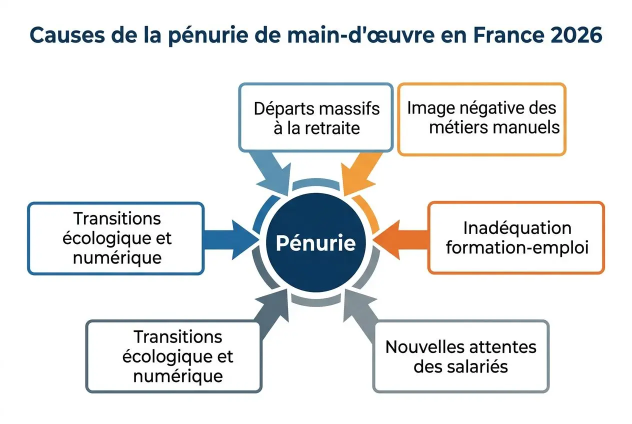 Diagramme sur les causes de la pénurie de main-d'œuvre en France 2026, avec facteurs comme départs massifs à la retraite, inadéquation formation-emploi et transitions écologiques et numériques.