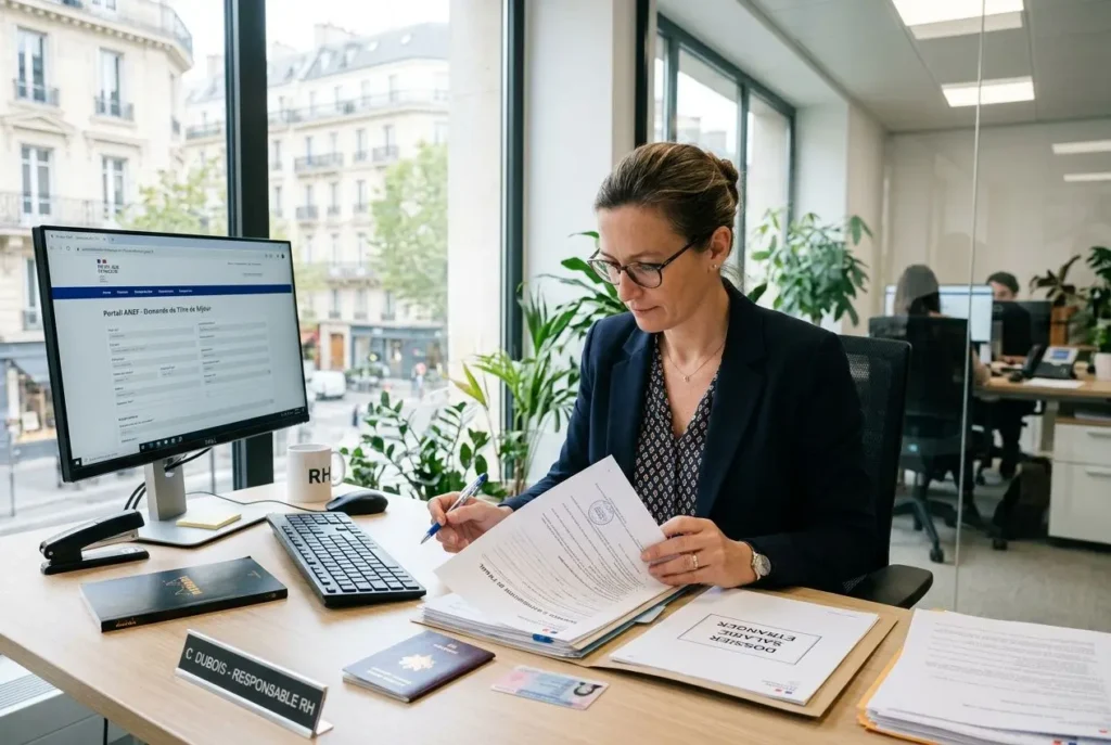 Femme en bureauieraire examinant des documents pour l’ autorisation de travail en France pour les étrangers, près d’un écran d’ordinateur et des dossiers.
