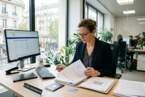 Femme en bureauieraire examinant des documents pour l’ autorisation de travail en France pour les étrangers, près d’un écran d’ordinateur et des dossiers.