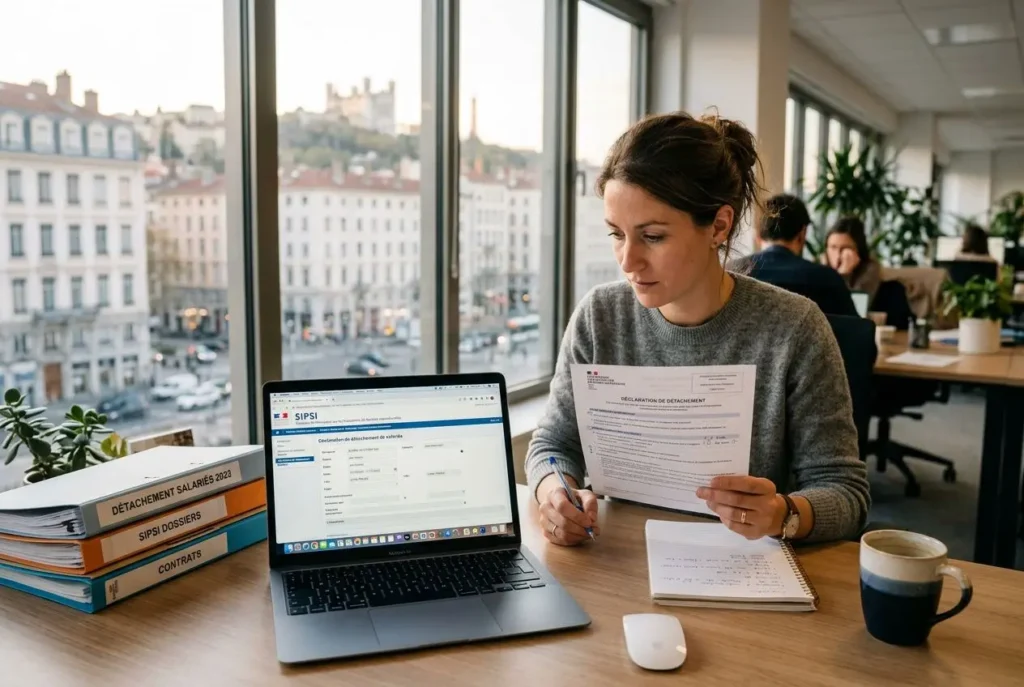 Une femme travaille à un bureau près de la fenêtre avec un ordinateur portable ouvert et des documents, évoquant les formalités administratives salariés détachés.