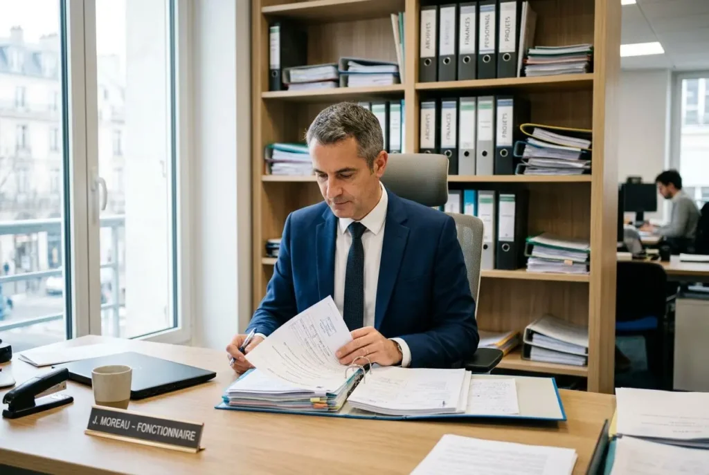 Fonctionnaire en bureau, examinant des documents; case nommée J. Moreau - Fonctionnaire, avec dossiers, étagères et lumière naturelle. Avantages et inconvénients du détachement.
