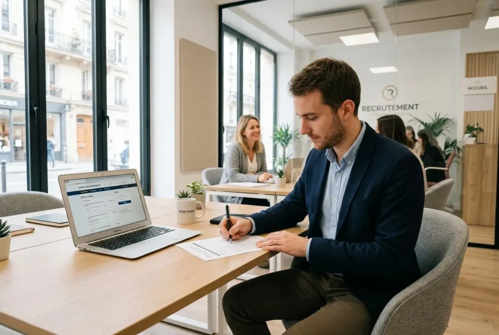 Homme en costume remplissant un formulaire sur une tablette à côté d’un ordinateur dans une agence d’intérim, ambiance professionnelle et accueil. inscription boite interim.