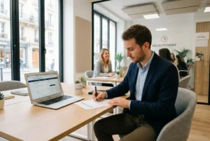 Homme en costume remplissant un formulaire sur une tablette à côté d’un ordinateur dans une agence d’intérim, ambiance professionnelle et accueil. inscription boite interim.