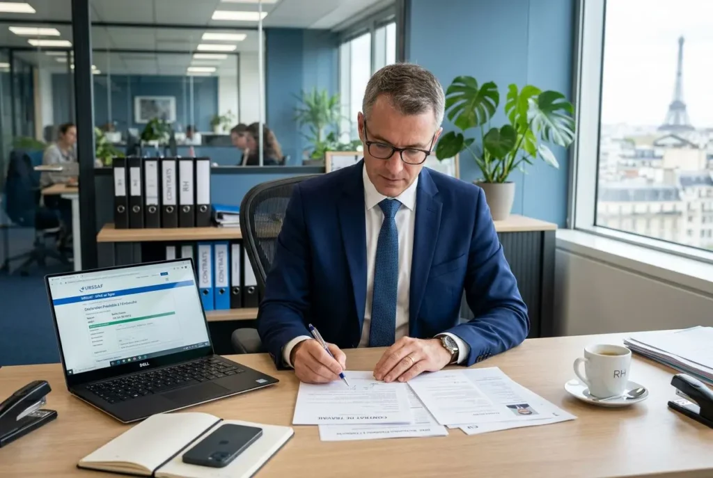Homme d’affaires en costume signe des documents au bureau, ordinateur portable et tasses à café à proximité, vue panoramique sur Paris. embaucher légalement un travailleur roumain en france