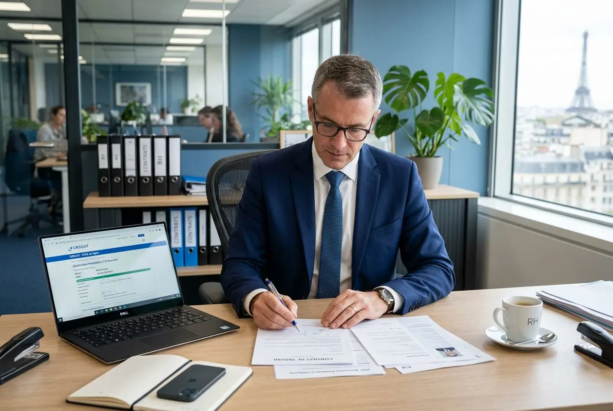 Homme d’affaires en costume signe des documents au bureau, ordinateur portable et tasses à café à proximité, vue panoramique sur Paris. embaucher légalement un travailleur roumain en france
