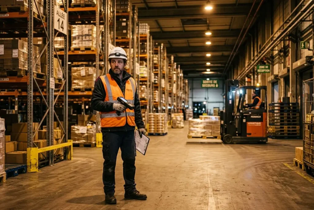 Homme en tenue de sécurité dans un entrepôt, lampe frontale et gilet orange, contrôle des stocks à l’aide d’un terminal près des rayonnages.