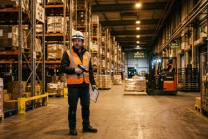Homme en tenue de sécurité dans un entrepôt, lampe frontale et gilet orange, contrôle des stocks à l’aide d’un terminal près des rayonnages.
