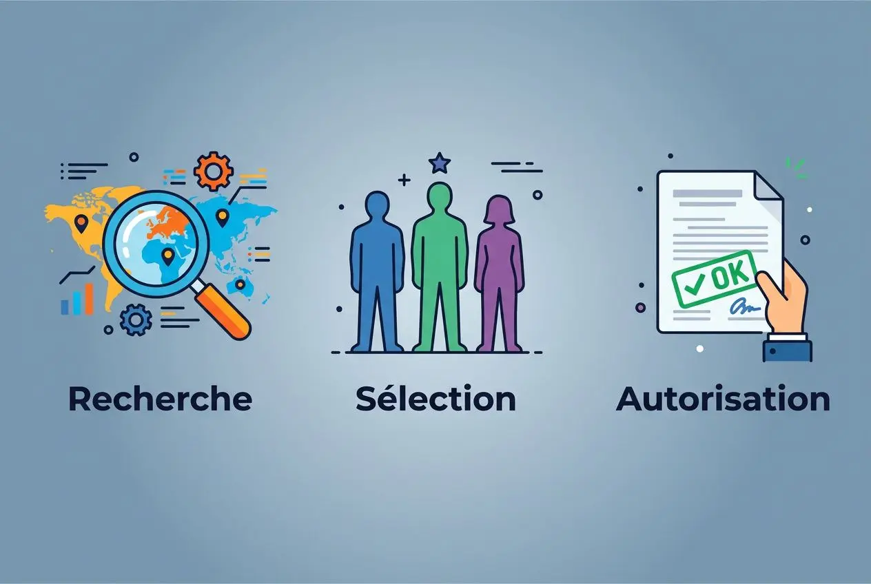 Illustration représentant Recherche, Sélection et Autorisation avec loupe sur une carte, trois silhouettes et un document validé, sur fond bleu.