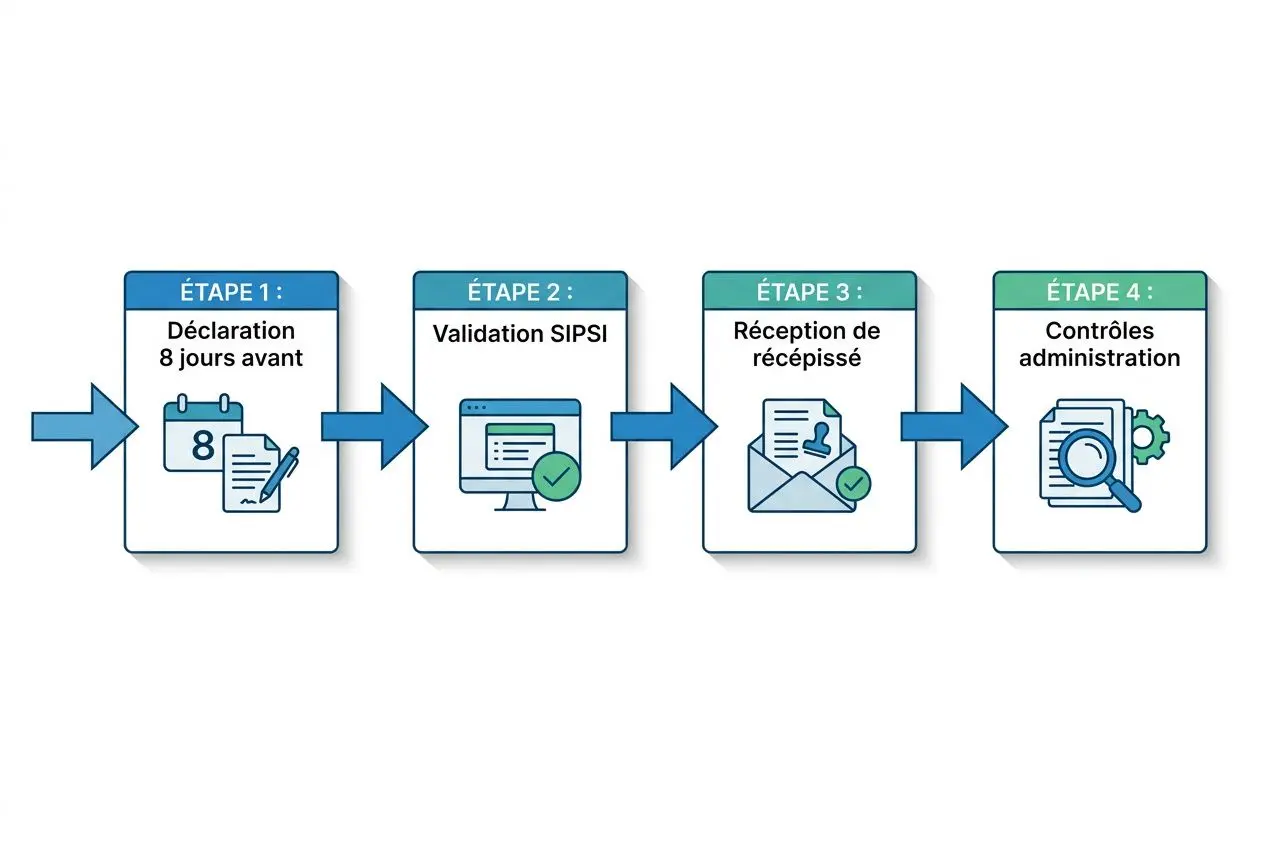 Pour une image montrant un processus en 4 étapes: « directive 2018 travailleurs détachés » avec étapes: Déclaration, Validation SIPSI, Réception du récépissé, Contrôles administration.