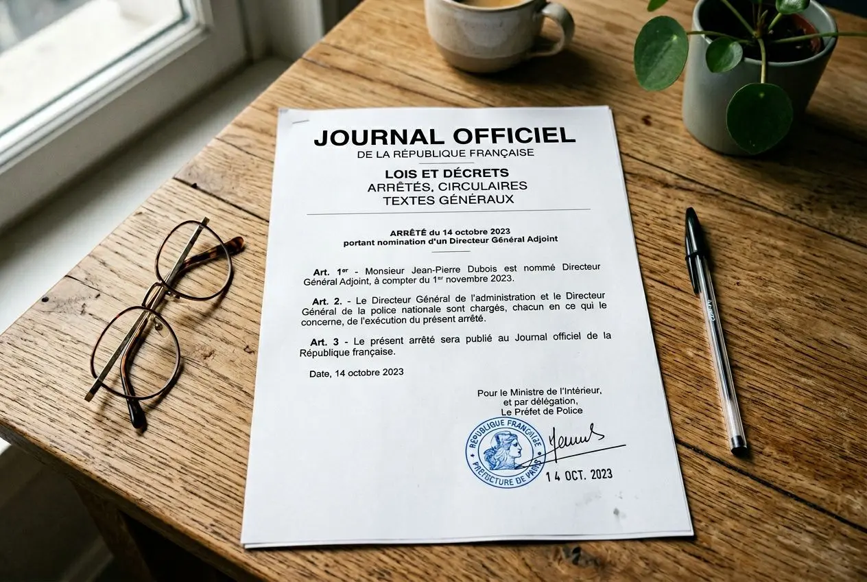 Page officielle: document officiel sur un bureau lumineux, lunettes et stylo à côté, presse papier & plante. Intègre la phrase "liste officielle des métiers en tension 2026" de manière fluide.