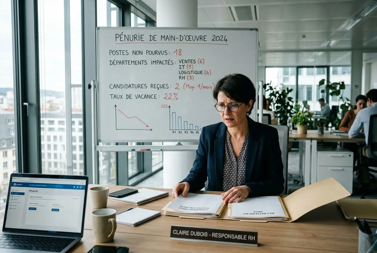 Pénurie de main-d'œuvre solution: une responsable RH en bureau moderne consulte des documents devant un tableau blanc affichant les chiffres du manque.