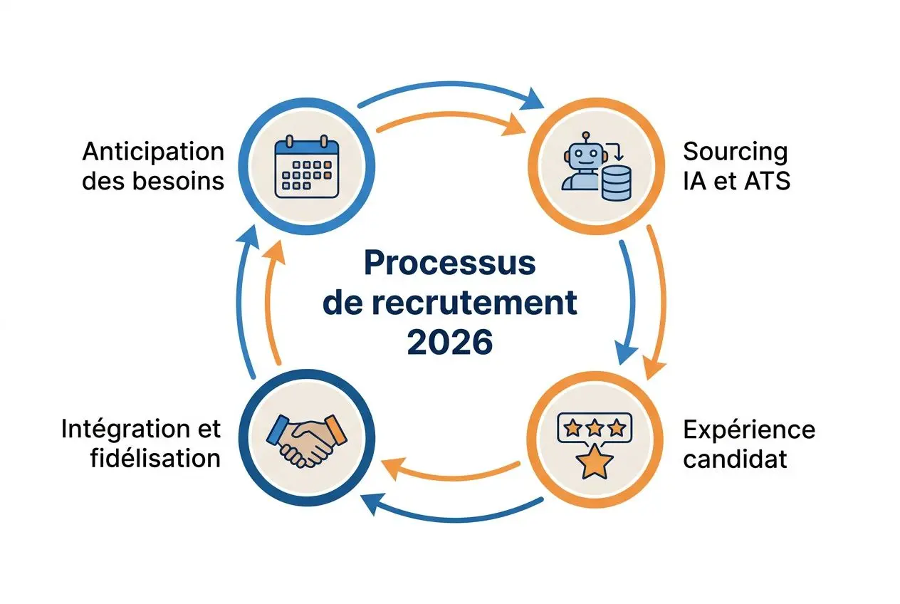 Processus de recrutement 2026: anticipation des besoins, sourcing IA et ATS, expérience candidat et intégration pour fidélisation.