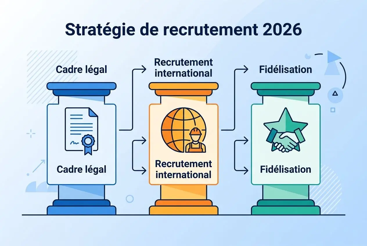 Schéma illustrant la stratégie de recrutement 2026: cadres légaux, recrutement international et fidélisation, avec trois fioles/Jars représentant les étapes et des flèches montrant le parcours. intégration du mot-clé: comment recruter en 2026.