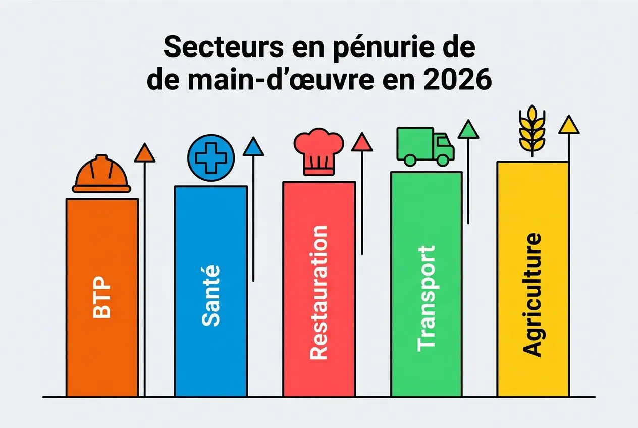 Secteurs en pénurie de main-d’œuvre en 2026: icônes BTP, Santé, Restauration, Transport et Agriculture illustrant les métiers en difficulté de recrutement.