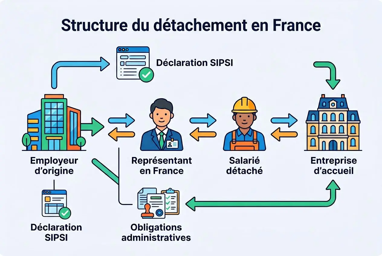 Structure du détachement en France: flux entre employeur, représentant et salarié détaché avec Déclaration SIPSI et obligations administratives pour l’entreprise et l’employé.