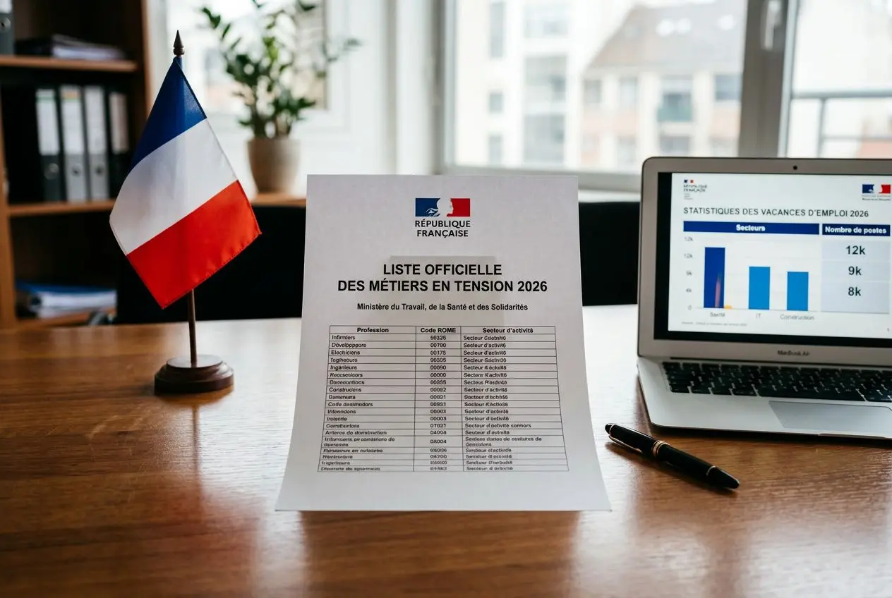 Tableau et ordinateur affichant les métiers en tension en 2026, avec petit drapeau français sur un bureau.