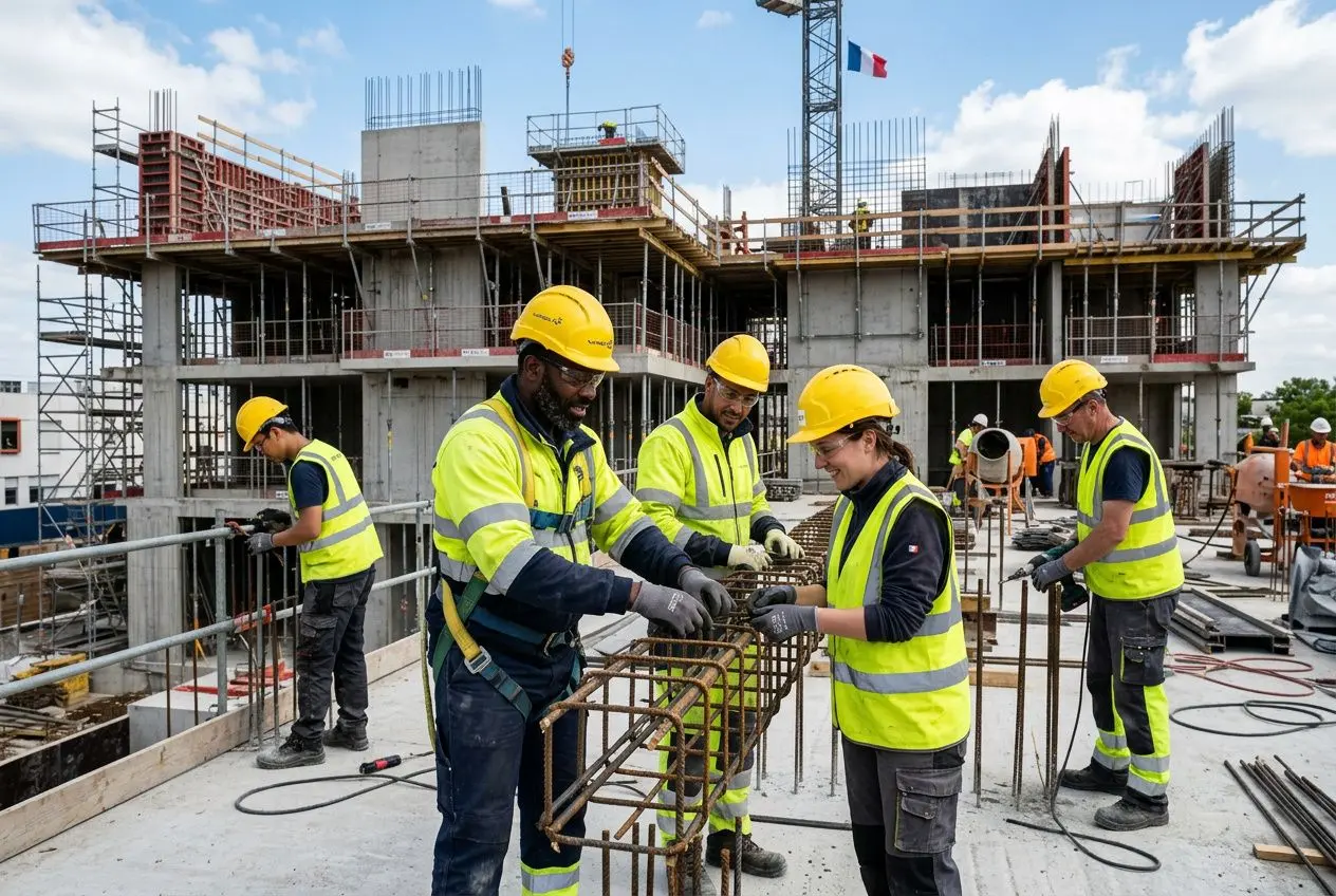 Travailleurs détachés sur un chantier de construction, porteurs de casques jaunes et gilets réfléchissants travaillant ensemble sur des armatures en fer. Directive 2018 travailleurs détachés, rappelant les règles et droits européens.