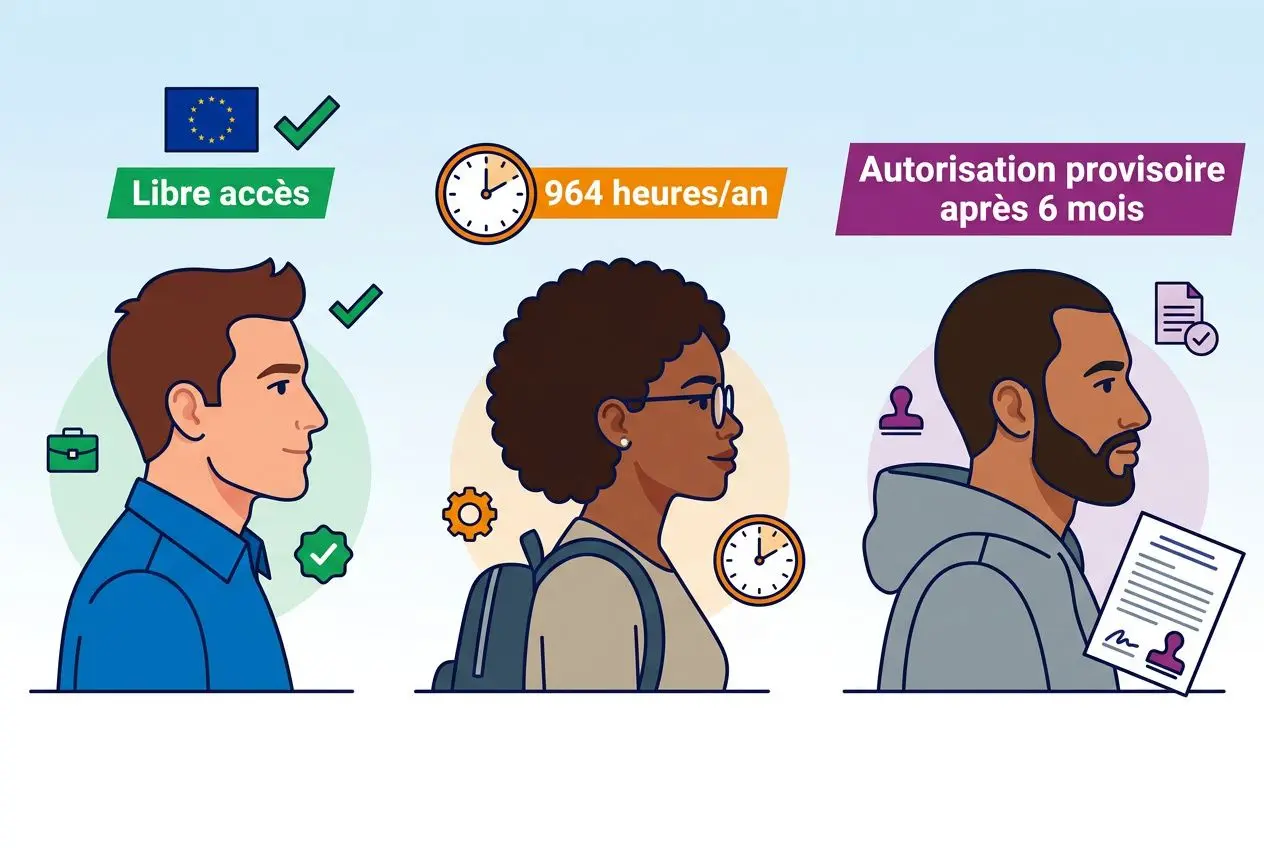 Trois portraits de personnes proches, symboles d’accès libre et de procédures: autorisation de travail en France pour les étrangers, durée 964 heures/an et étape d’autorisation provisoire après 6 mois.