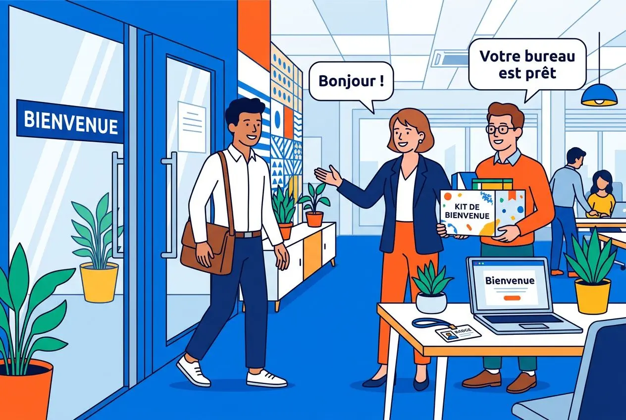 Accueil chaleureux: arrivée d’un nouveau salarié dans un bureau, réception avec kit d’intégration et collègues, ambiance conviviale. intégration d'un nouveau salarié bien lancée.