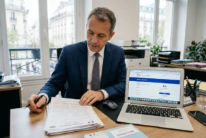 Agent en train de signer des documents près d’un ordinateur portable affichant un formulaire en ligne lié à l’attestation de déclaration préalable de détachement autorisation de travail.