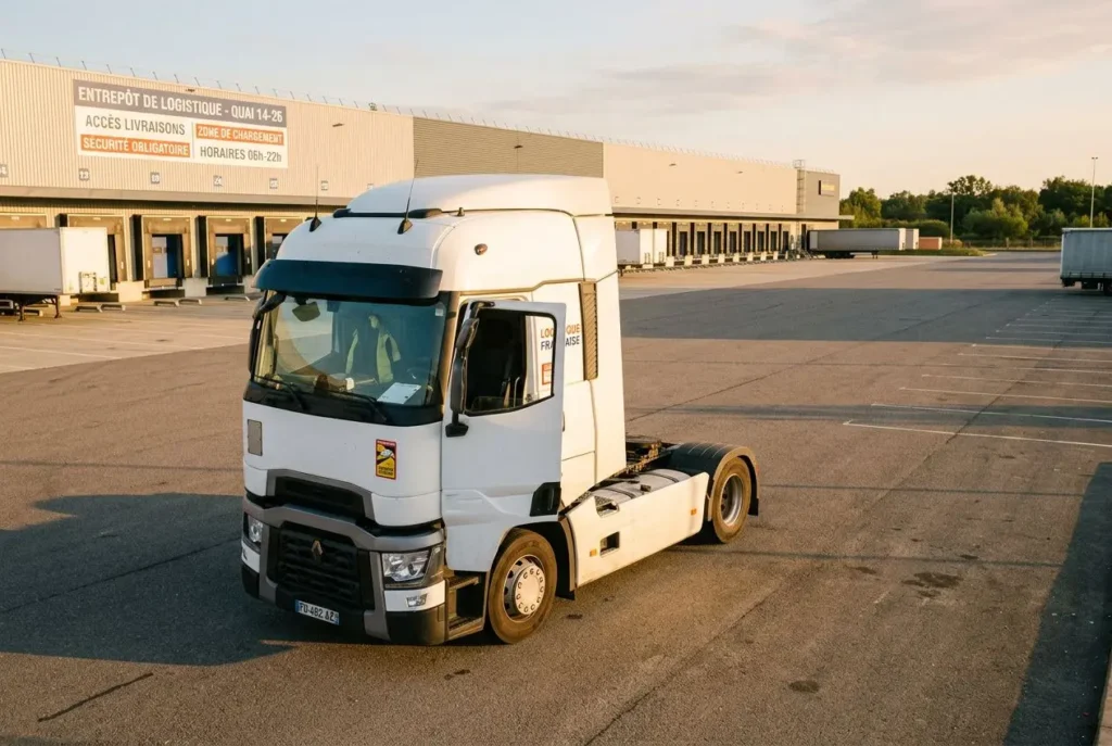 Camion poids lourd blanc garé dans une aire de service, près d’un entrepôt logistique, sous un ciel clair. pénurie chauffeur poids lourd france est évoquée.